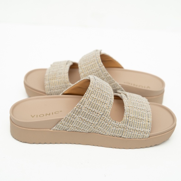 Vionic - Riviera Canvas Cream Gold Slide Sandals Size 10W - Picture 13 of 13